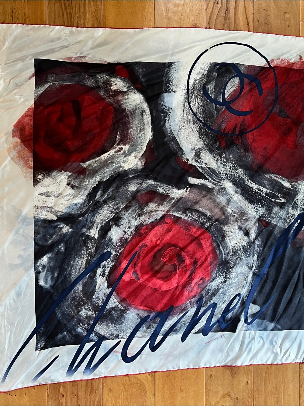 CHANEL Red, Black & White Abstract Floral Mixed Media Scarf Art